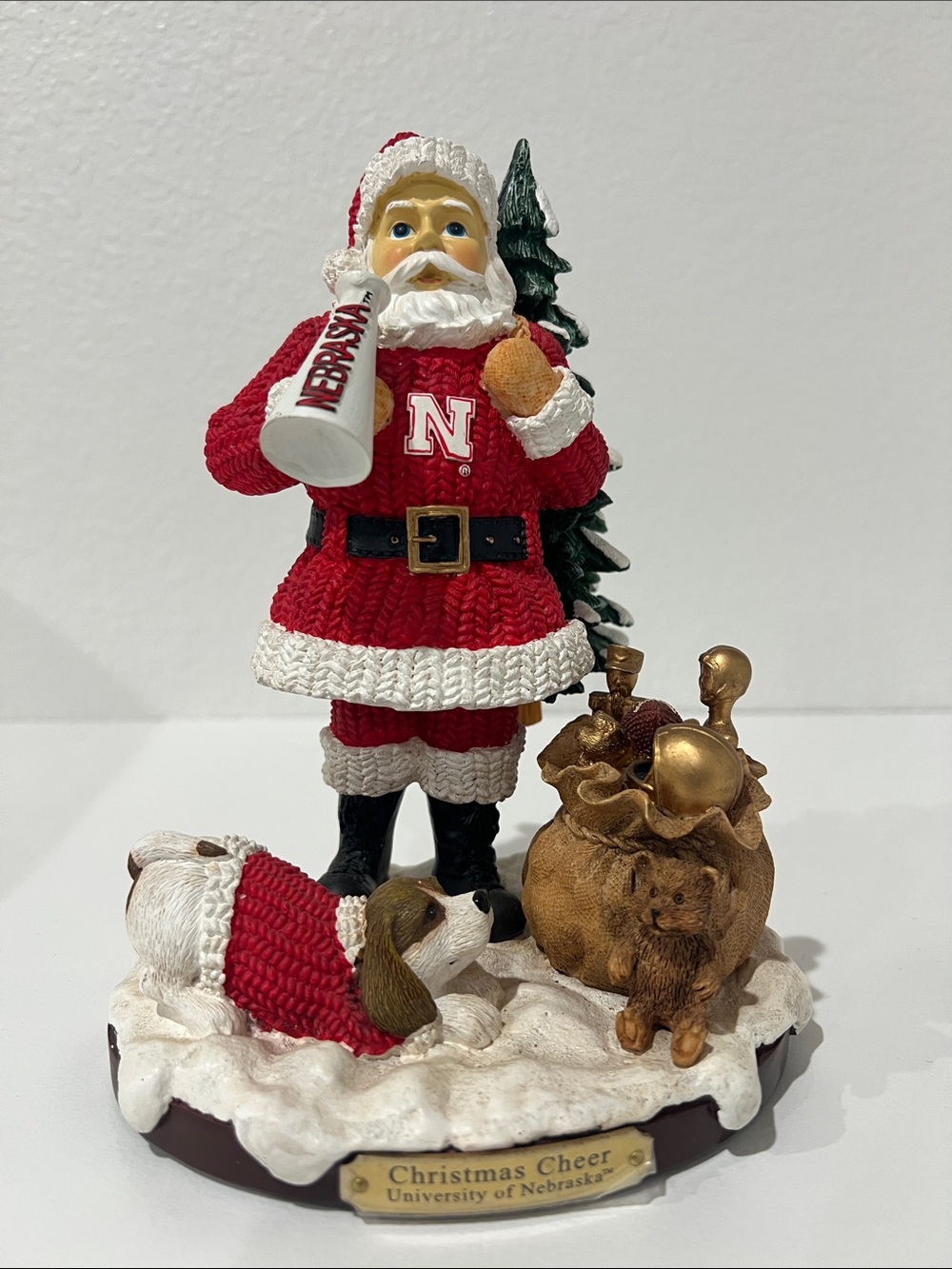 University of Nebraska Red Santa Holiday Figurine with Dog and Tree
